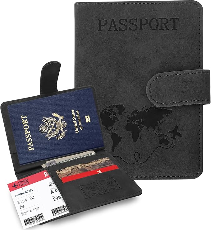 Passport Holders, RFID Blocking Credit Card Holder, PU Leather Vaccine Card Holders for Travel with Magnetic Buckle, Travel Must Haves Cruise Ship Essentials for Men, Women (Black)