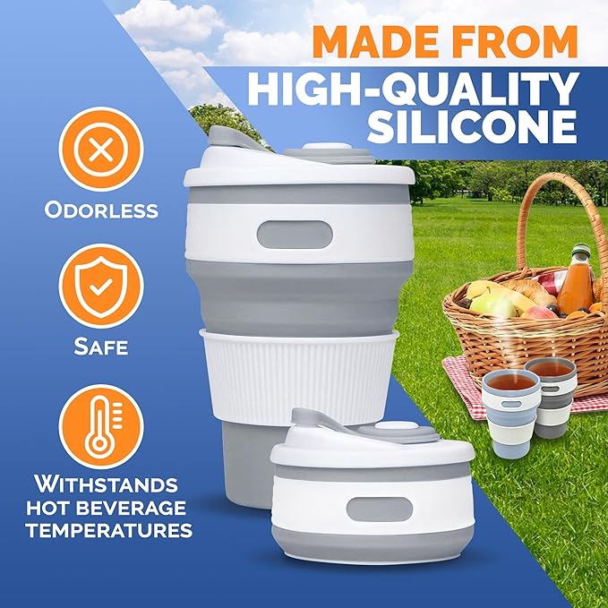 2-Pack Collapsible Coffee Cup Reusable – 12oz Leakproof Travel Coffee Mug, Silicone, Foldable & Portable for Hiking, Camping, Office | Lightweight, Heat-Resistant, Easy to Clean, Outdoor & Travel Cup