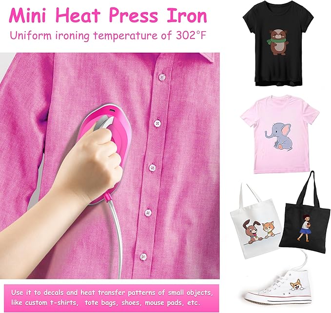 Newbealer Travel Iron with Dual Voltage - 120V/220V Lightweight Dry Iron for Clothes (No Steam), Non-Stick Ceramic Soleplate, 302℉ Heat Press Machine, w/Spray Bottle, Pouch & Silicone Stand (Hotpink)
