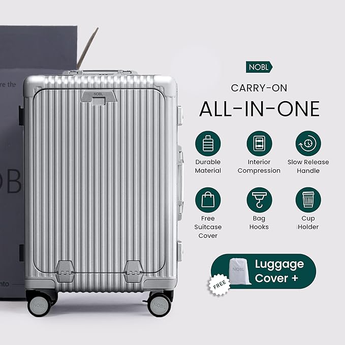 Nobl Travel Carry On Luggage, Noble Zipperless Aluminum Frame PC Hard Shell Suitcase, 20.8"x15"x8.7" Airline Approved, 360° Spinner Wheels, TSA Locks, USB Charging Port, Cup & Phone Holder - Silver