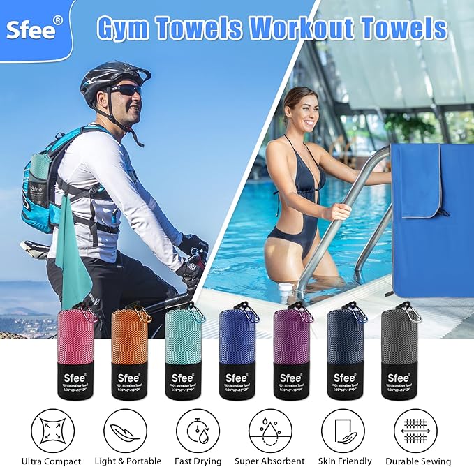 Sfee 2 Pack Microfiber Travel Towel, Quick Dry Camping Towel Super Absorbent Compact Lightweight Sports Towel Swim Gym Towels Set for Gym, Hiking, Pool, Backpacking, Bath, Yoga