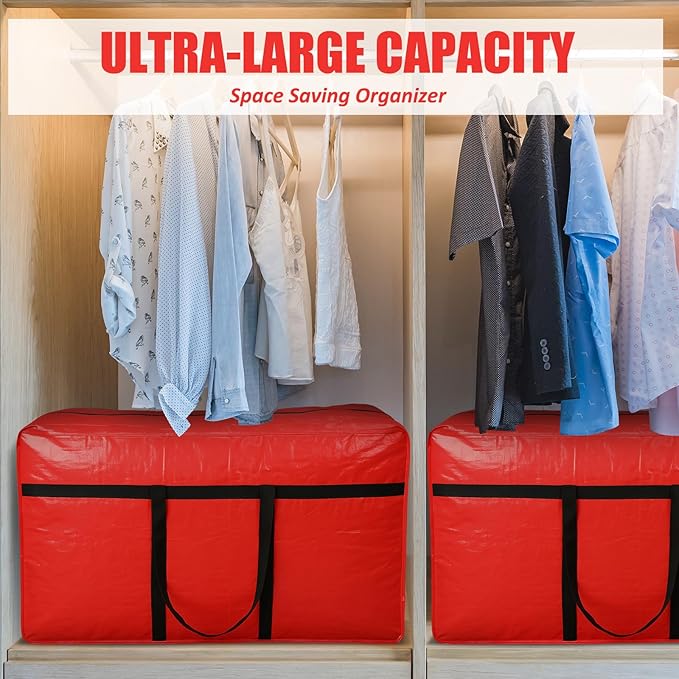 4 Pcs 66 Gallon Large Moving Bags with Zipper and Handles Foldable Storage Duffle Bags Heavy Duty Extra Large Totes for College Dorm Travel Clothes Blankets Bedding Moving (Red)