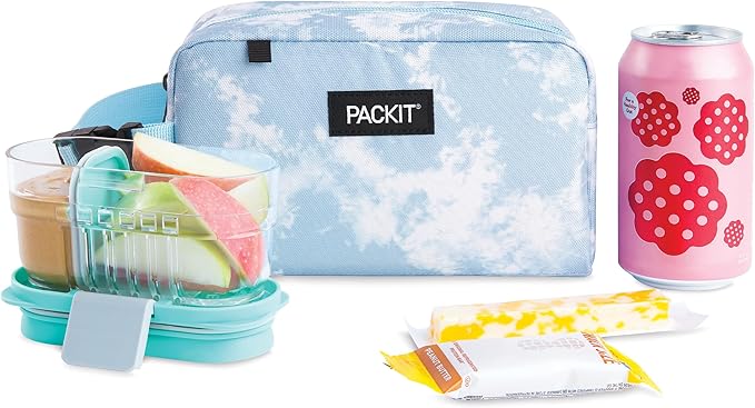 PackIt® Freezable Snack Box, Blue Sky, Built with ECOFREEZE® Technology, Collapsible, Reusable, Zip Closure with Buckle Handle, Designed For Work Snacks, Fresh Snacks On the Go, Adults, and All Ages