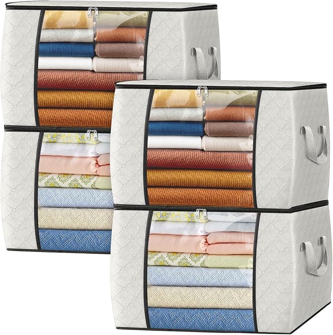 Fab totes 24 Gallons Clothes Storage, Foldable Thick Fabric Blanket Storage Bags, Containers for Organizing Bedroom, Closet, Clothing, Comforter, Organization with Handle (4 Pack,Ivory)