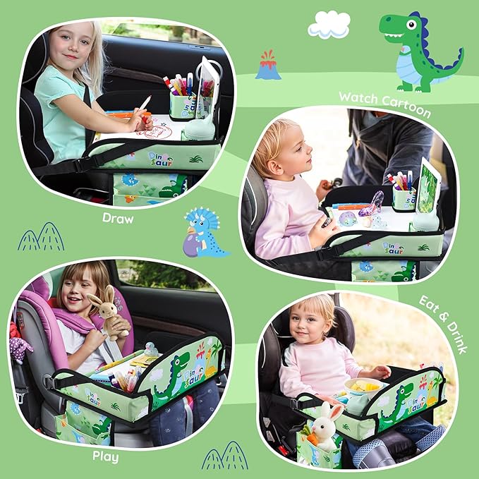 Kids Travel Tray, Kids Travel Trays for Car Seat, Road Trip Essentials for Toddler, Carseat Lap Tray with Dry Erase Board & Storage Organizer for Road Trip Activities for Kid, Green