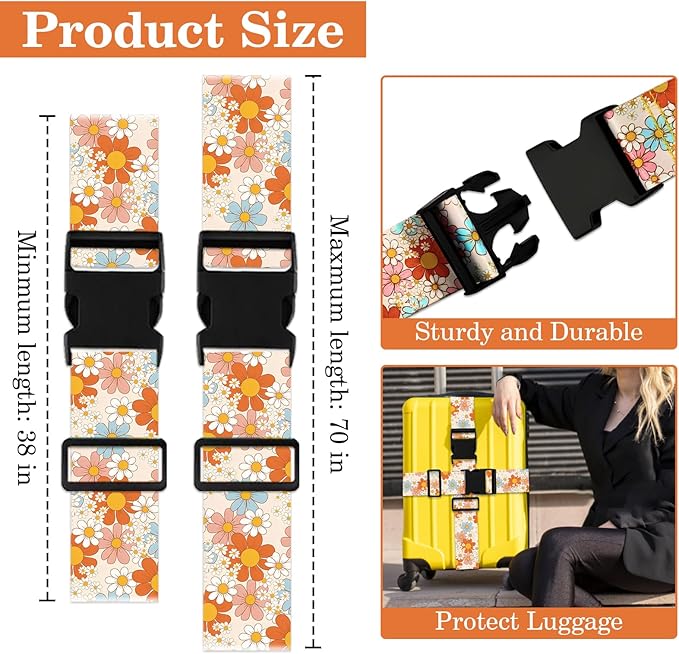 Daisy Luggage Straps for Suitcases TSA Approved, Luggage Identifiers for Suitcase, Adjustable Suitcase Strap for Baggage Security with Cute Patten, Travel Necessary Accessories (2 Pack)