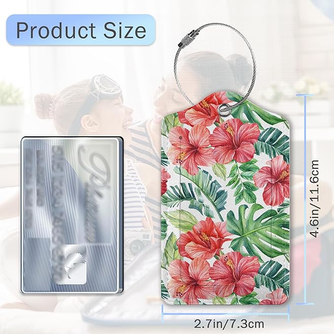 Tropical Palm Leaves Luggage Tags for Suitcase,Hibiscus Flowers Luggage Tags of Set 2 Leather Identifiers Privacy Cover with Stainless Steel Loop for Women Men Travel Bag Suitcase