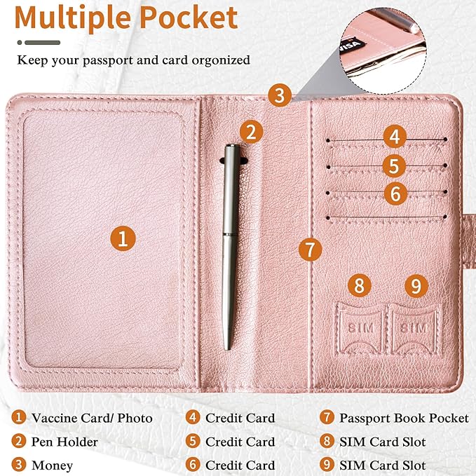 TIGARI Passport Holder for Travel Women Men, PU Leather Waterproof RFID Passport Holder Wallet Cover Case Sleeve, Family Vacation Plane Cruise Travel Document Organizer Essentials-Pink