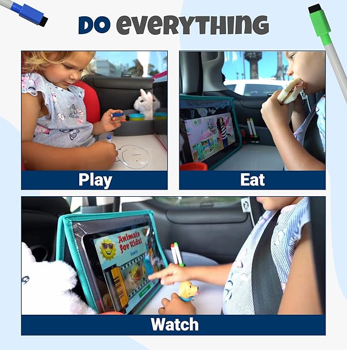 Kids Travel Tray with Dry Erase Board - Car Seat Tray for Kids Travel, Carseat Table Top for Toddler, Lap Desk for Car Seat, Activity Organizer & Snack Holder, Road Trip Essentials for Kid (Gray)