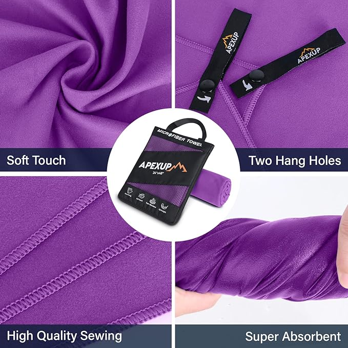 APEXUP Microfiber Travel Towel, Ultra Absorbent Quick Dry Towels, Lightweight Gym Sports Camping Towel for Workout, Yoga, Beach, Shower, Swimming (72"×40", Purple)