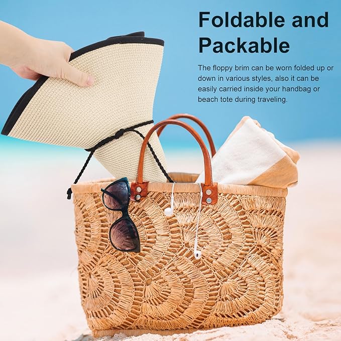 DRESHOW Beach Hats for Women Big Straw Wide Brim Summer Hat Floppy Foldable Roll up Cap Sun Hat UPF 50+