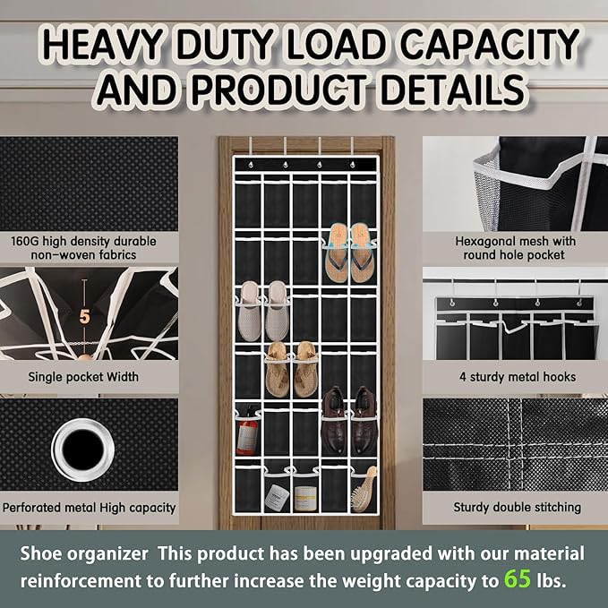 Over the Door Shoe Organizer with 30 Breathable Mesh Pockets - Large Capacity Closet Storage for Men & Women, Hanging Shoe Rack Organizer (Solid black)