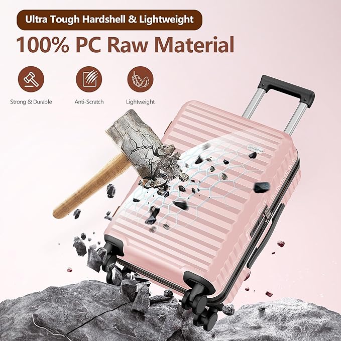 SHOWKOO Suitcase Hardside Expandable Luggage Set, Suitcase with Double Spinner Wheels TSA Lock 3 Piece Set Pink (DB/TB/24in)