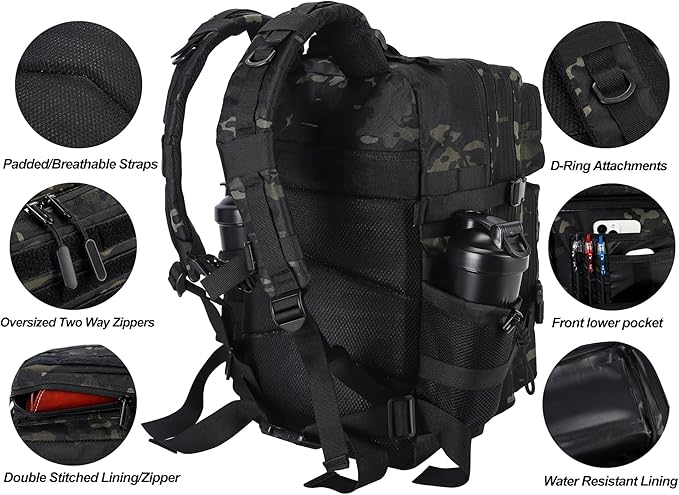LHI Military Tactical Backpack for Men and Women 45L Army 3 Days Assault Pack Bag Large Rucksack with Molle System - Black CP
