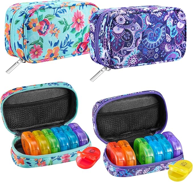 Serfeymi Weekly Travel Pill Organizer 2 Times A Day AM PM Rainbow Pill Box 7 Day with Zipper Canvas Pill Case, Medicine Organizer for Pills, Vitamins, Fish Oils - Green 01+ Purple 01