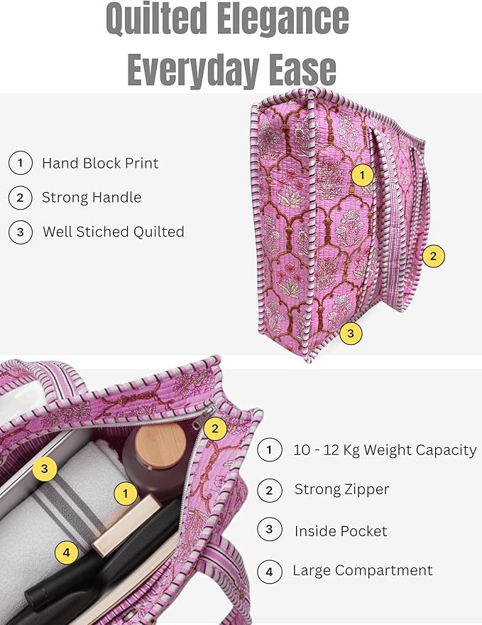 Cotton Quilted Tote Bag for Women – Large Beach & Travel Tote with Zipper, Reusable Grocery Bag
