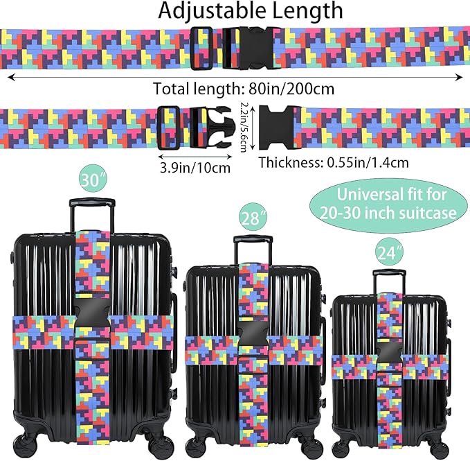 Puzzle Luggage Straps for Suitcases, Adjustable Luggage Travel Belt to Keep Luggage Security While Travel, Strong Polyester Fabric, Easy-to-Recognize Funny Pattern Travel Essentials, 2 Pack