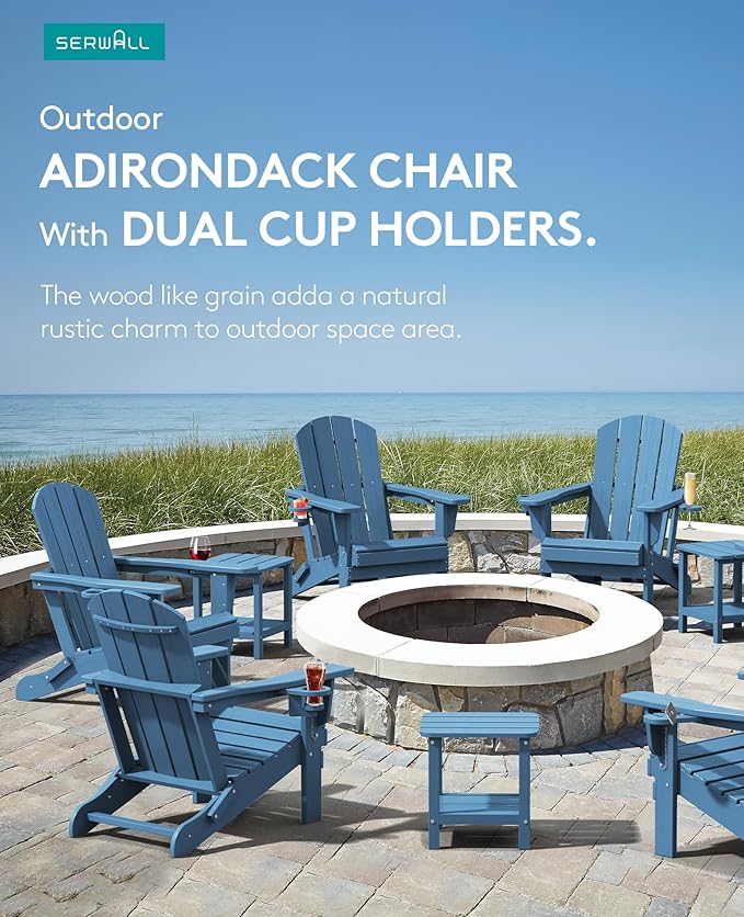 SERWALL Folding Adirondack Chair, HDPE Adirondack Chairs Set of 8, Plastic Outdoor Chairs- Looks Exactly Like Real Wood- Navy