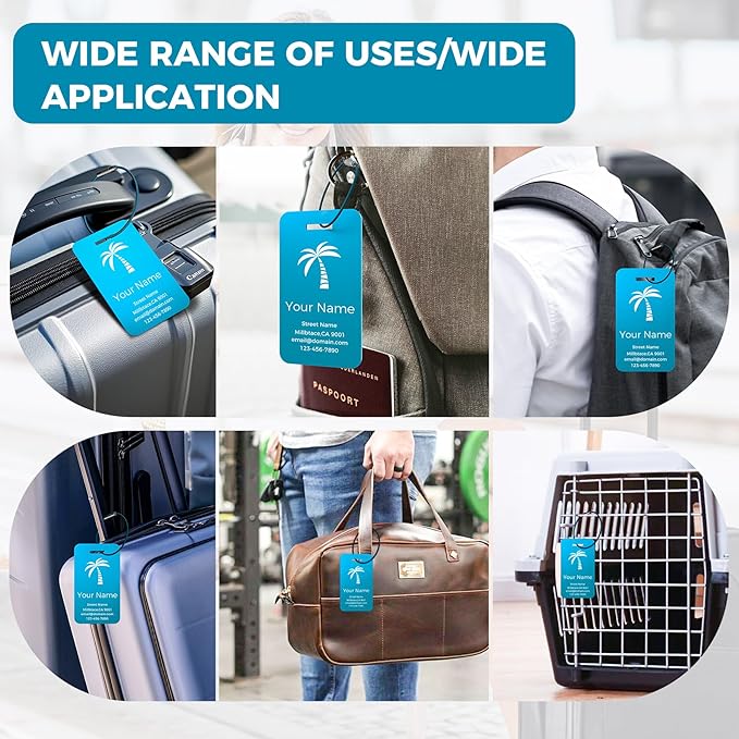 Personalized Luggage Tags, Custom Luggage Tags 4 Pack TSA Approved Double Sided Laser Engraving, Metal Luggage Tag for Suitcases with Stainless Loops, Name Tag for Bags, Backpacks (Lake Blue)
