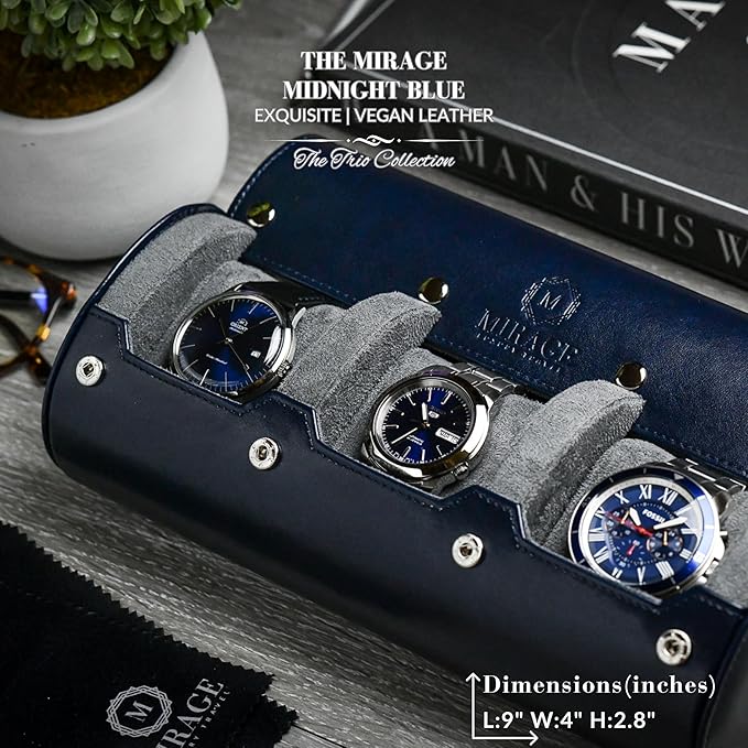 Watch Case Travel Organizer - Watch Roll Case - 3 Watch Case Display Storage - Watches Accessory Gift - Midnight Blue Vegan Leather