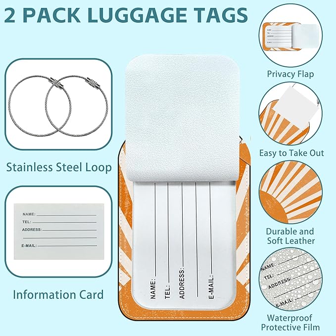 Orange Sun Print Boho Luggage Tag for Suitcase Set of 2 PU Leather Cute Luggage Tags with Stainless Metal Loop ID Label Privacy Flap Suitcase Tags for Women and Men Travel