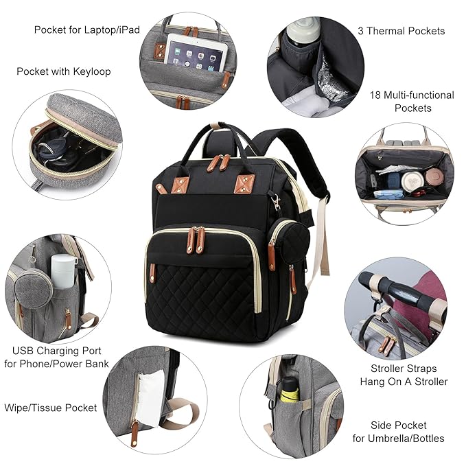 Diaper Bag, Backpack with Changing Station, Waterproof Baby Bag for Boys & Girls, USB Charging Port for Parents, Travel Backpack Baby Essentials & Lovely Baby Shower Gifts, Black