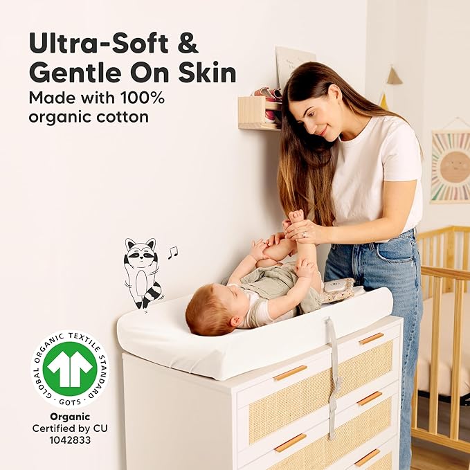 2-Pack Organic Changing Pad Covers for Girl, Boy, Neutral - 100% Cotton Changing Table Pad Cover,Soft Baby Nursery Diaper Changing Pad Sheets,Contour Changing Pads Liners,Change Pad Cover (Soft White)