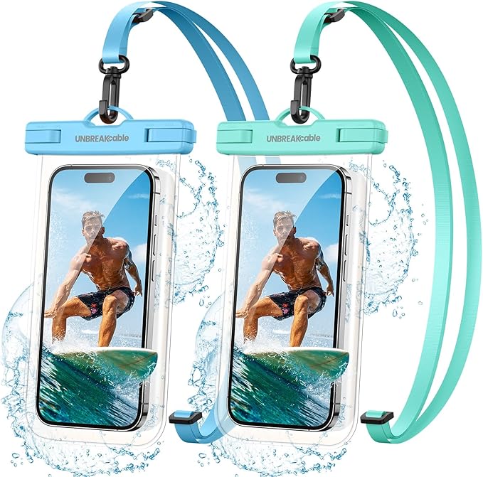 UNBREAKcable Waterproof Phone Pouch-2 Pack IPX8 Waterproof Phone Case for iPhone 16 15 14 13 12 11 Pro Max & Samsung S25 S24-Dry Bag & Travel Essentials for Beach, Pool, Kayak & Cruise-7" Blue+Green
