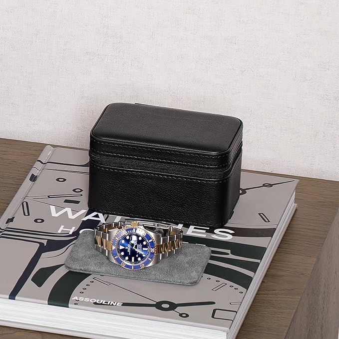 ROTHWELL 2 Watch Travel Case for Men | Compact PU Leather Protective Box with Microsuede Interior | Fits Watches & Smartwatches Up to 55mm (Black/Grey)