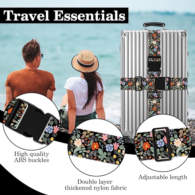 Wildflower Luggage Straps for Suitcases TSA Approved, Luggage Identifiers for Suitcase, Adjustable Suitcase Strap for Baggage Security with Cute Patten, Travel Necessary Accessories