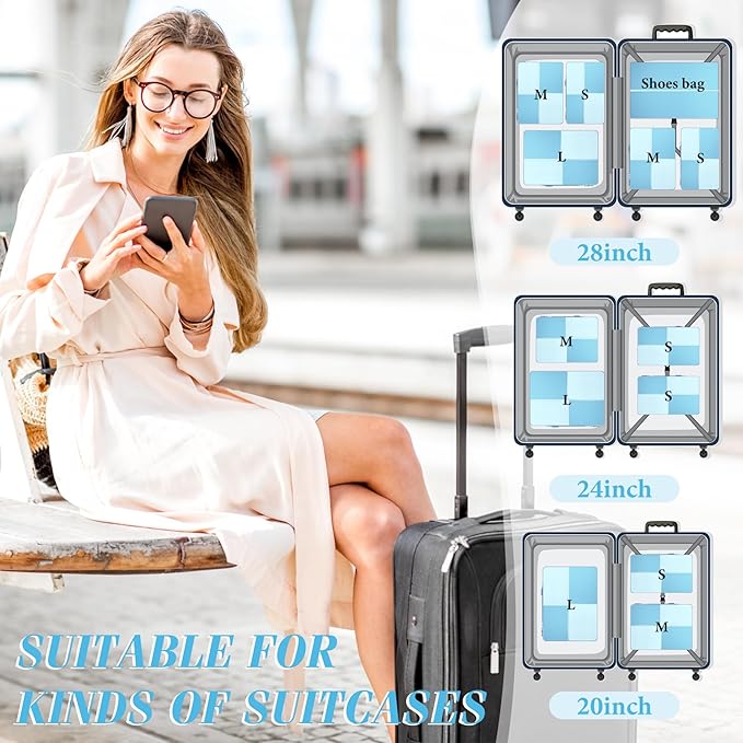 8 Set Compression Packing Cubes Travel, Lightweight Expandable Travel Cubes Suitcase Organizer for Carry On Luggage Suitcase, Light Blue