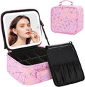 Chomeiu Makeup Bag with LED Mirror, Cute Cosmetic Bags Birthday Gifts for Girls Women, Makeup Train Case Artists Organizer Large Make Up Bags with Light Up Mirror 3 Color Lights, Pink Geometry