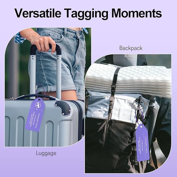 4 PCS Personalized Metal Luggage Tag – Personalized Engraved Suitcase Tag, Backpack Tag, with Matching Color Strap, Waterproof Suitcase Name Badge – Ideal Corporate Gift & Travel Accessory (Purple)