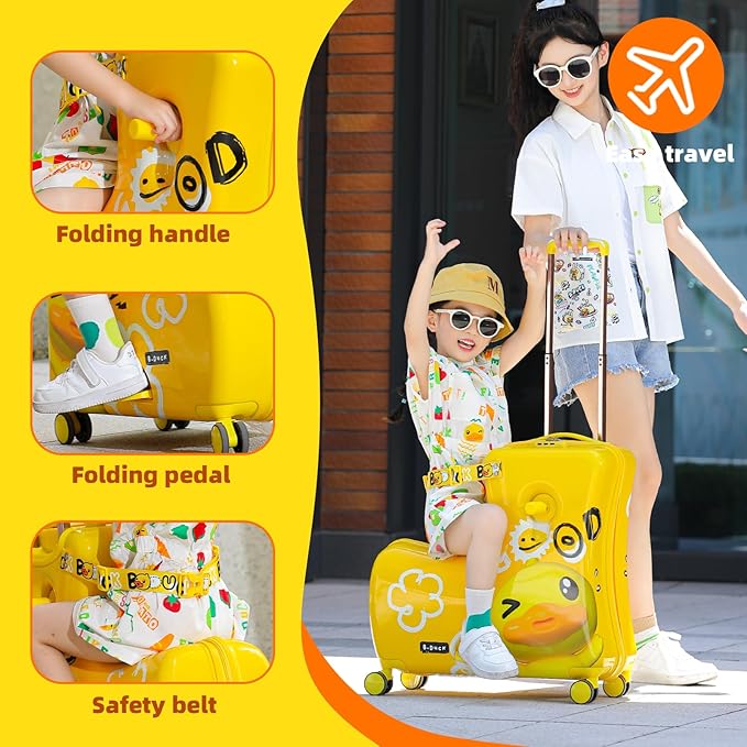 Kids' Lightweight Ride on Luggage with Spinner Wheels & Foldabe Design (Yellow Good, 24"+ Aged 3-12 Toddler)