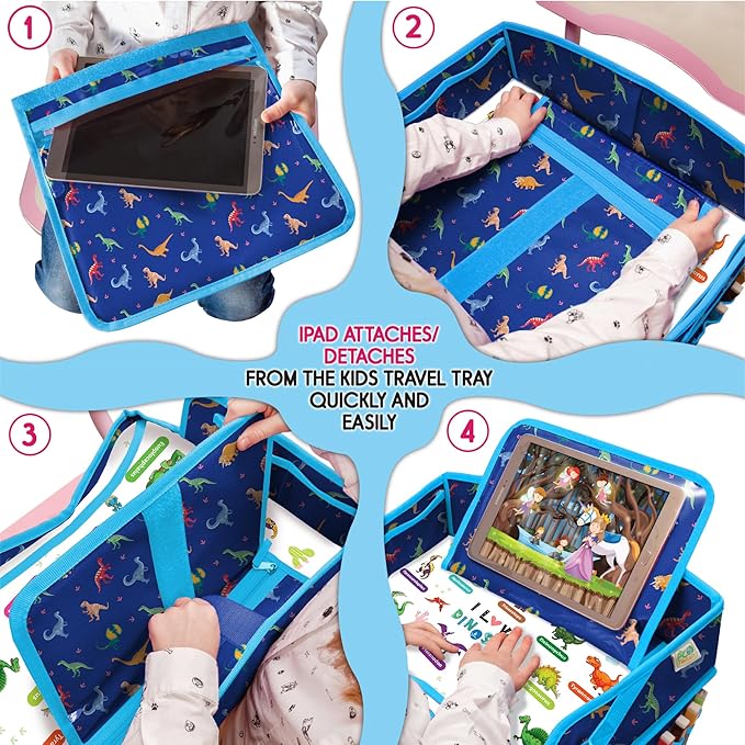 Kids Travel Tray - Waterproof Car Table with No-Drop Large Tablet Holder - Car Seat Tray - Road Trip Must Haves - Lap Desk Kids Organizer for Airplane - Toddler Travel Activities (Blue)
