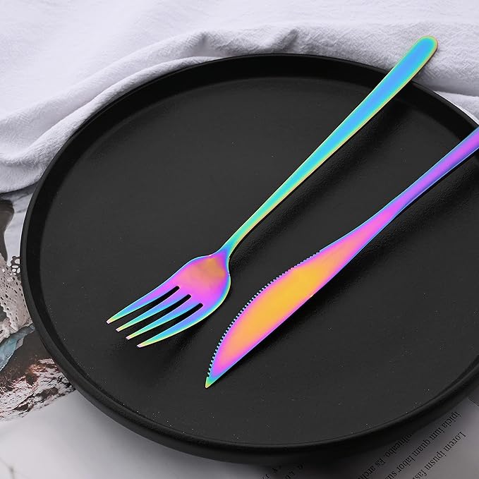 20 Pieces Silverware Set 304 Stainless Steel, Healthy & Eco-Friendly Silver Travel Mirror Polished Rainbow Knife Fork Spoon Salad Fork Dessert Spoon Flatware Set, Service for 4