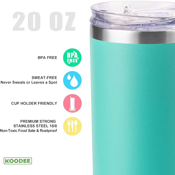 koodee Insulated Coffee Tumbler with Lid and Straw-4 Pack 20 oz Skinny Tumblers, Double Wall Stainless Steel Cup for Women (Yellow/Purple/Wine Red/Teal)