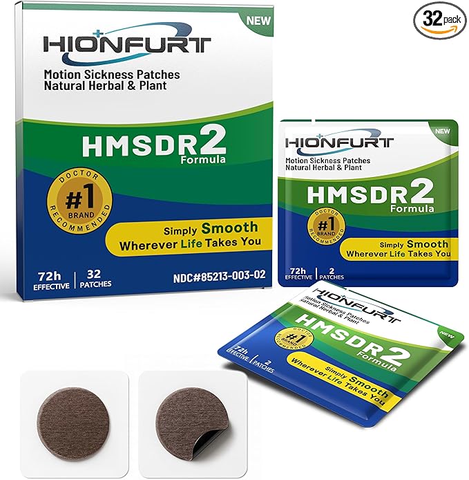 HMSDR2 32ct Motion Sickness Patches – Sea Sickness Patches for Cruise, Car, Airplane – Non-Drowsy, 72H Lasting