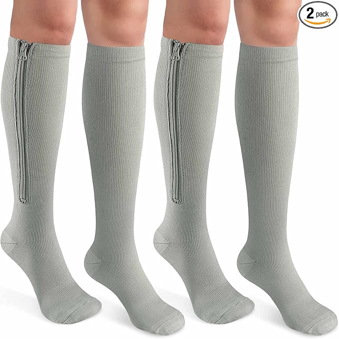 CASMON 2 Pairs Zipper Compression Socks for Women & Men, 15-20 mmHg Closed Toe Knee High Support Sock with Zipper for Varicose Vein Edema