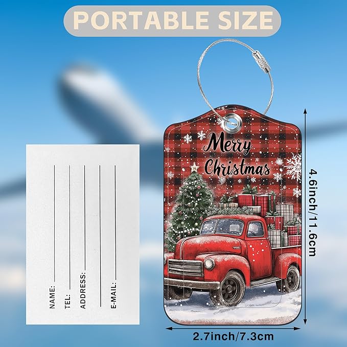 2 Pcs Red and Black Checkered Christmas Tree Luggage Tags for Suitcases PU Leather Truck Baggage Tags Name ID Label with Privacy Cover and Stainless Steel Loop for Men Women Travel Bag Suitcase
