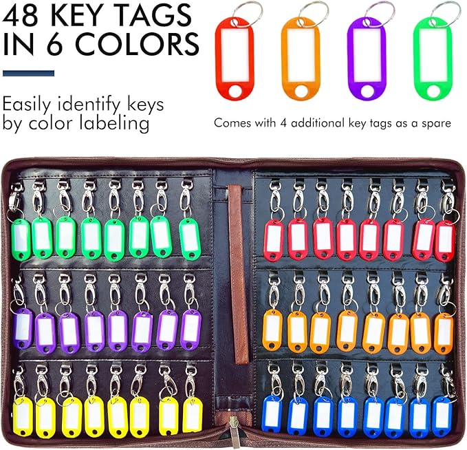 Portable Key Organizer,Zippered Key Organizers Case with 48 Key Hooks and Tags Key Storage,Leather Apartment Manager and Landlord Key Holder,Key Organizer Box for Real Estate Sales,Hotels,Car Service