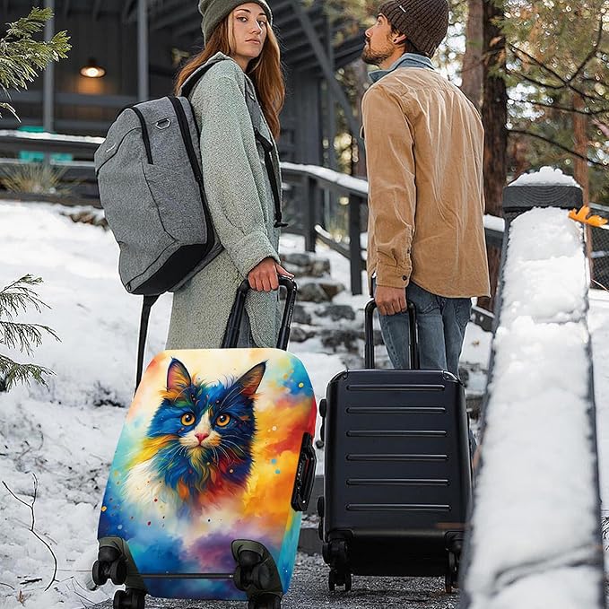 ANNA QUEEN Colorful Cat Luggage Cover, Artistic Blue Cat Design with Rainbow Colors, Stretchable, Washable Travel Sleeve for 32-34 Inch Suitcases