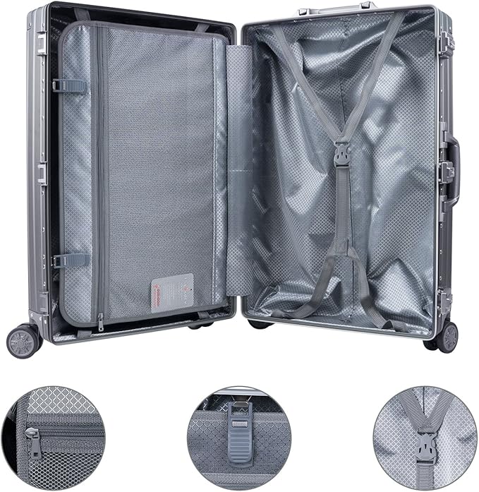 TRAVELKING All Aluminum Carry On Luggage Zipperless Hard Shell Luggage Case with TSA Lock Spinner Alloy Metal Suitcase (Grey, 20")