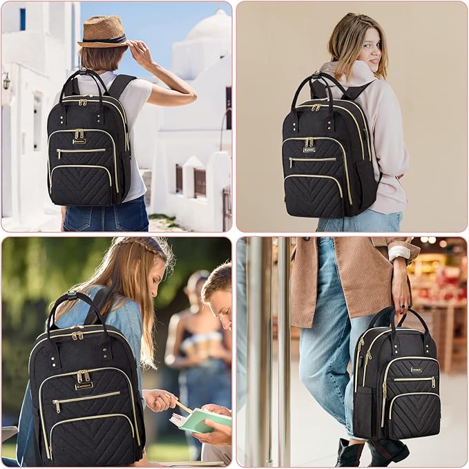 Travel Laptop Backpack for Women, School Backpack for Teens, 15.6 Inch Work Laptop Bag with USB Port Charging, Water Resistant College School Bookbags for Girls, Black