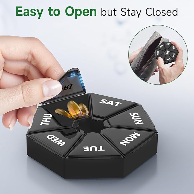 Gelibo,Weekly Pill Organizer, 2 Pack Portable Travel Pill Box Dispenser Medicine case 6 Colors (Seven Day) New Edition for Vitamin/Fish Oil/Pills/Supplements-Arthritis Friendly (Black)
