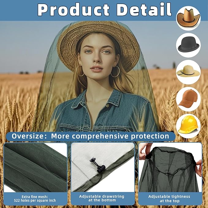 Oversized Mosquito Net 42 x 25 Inches Ultra Large Mosquito Head Net Face Neck Fly Mesh Netting Fits All Hats for Outdoor Camping Hiking Fishing Gardening Safari(Army Green)