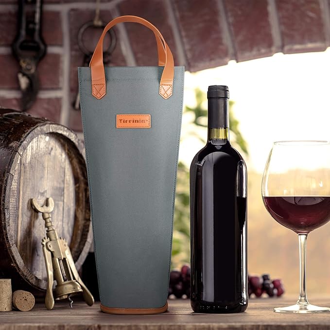 Tirrinia Single Wine Carrier Tote, Insulated Wine Cooler Bag for Travel, Picnic, & Wine Gifts – Thermal Padded Wine Bottle Holder Tote for Men & Women, Wine Gift for Wine Lovers,Gray