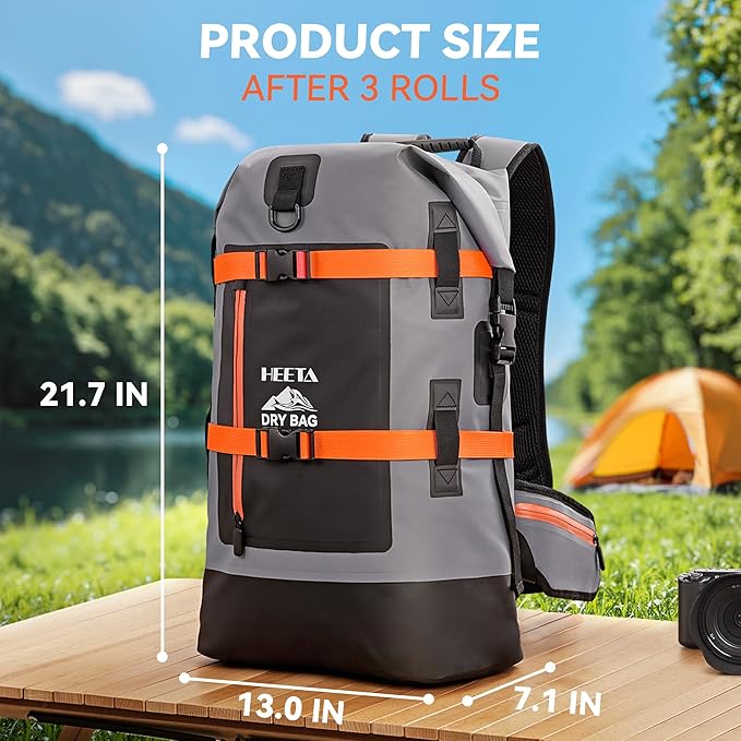 HEETA Dry Bags Waterproof Backpack 40L for Men & Women, Roll Top Heavy Duty Cushioned Hiking Backpack for Kayaking Boating Paddle Boarding Fishing Travel Camping Beach Vacation Cruise Ship Essentials