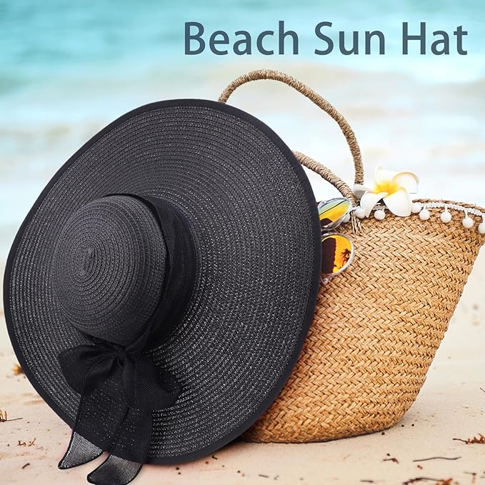 DRESHOW Beach Hats for Women Big Straw Wide Brim Summer Hat Floppy Foldable Roll up Cap Sun Hat UPF 50+