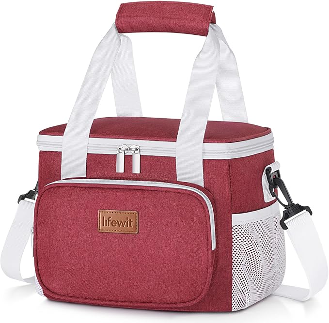 Lifewit Medium Lunch Bag Insulated Lunch Box Soft Cooler Cooling Tote for Adult Men Women, White and Red12-Can (9L)